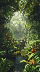Naklejka premium Lush Tropical Garden, Tranquil Stream, Misty Background, Nature Wallpaper