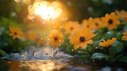 Glorious morning sunlight illuminating vibrant yellow flowers alongside shimmering water droplets in a tranquil garden setting