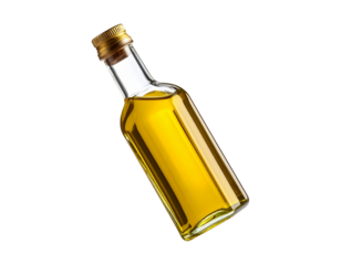 Glass bottle of olive oil floating inthe air, PNG