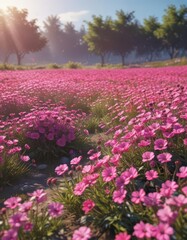 Obraz premium Vibrant pink flower field, sunlight, lush blooms, pastel, blossoms