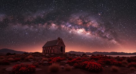 hyper realistic digital art, a striking scene where the milky way stretches across the night sky above the iconic church of the good shepherd on the shores of lake tekapo in new zealand