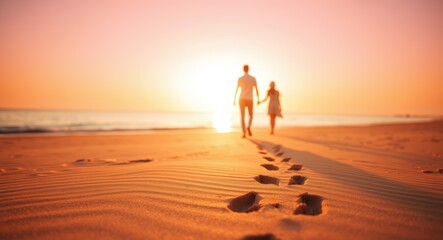 Fototapeta premium Romantic beach sunset walk couple holding hands footprints in sand love and happiness
