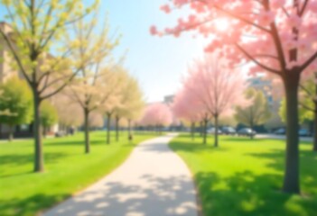 Naklejka premium Generative AI Image of a serene blurred city park in spring with cherry blossom trees
