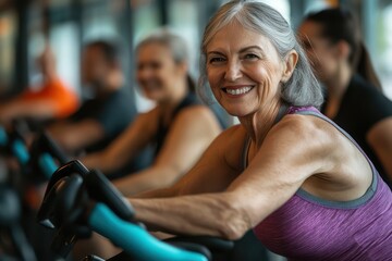 Healthy senior woman smiling while cycling indoors