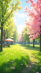 Fototapeta premium Generative AI Serene park scene with cherry blossoms and lush greenery
