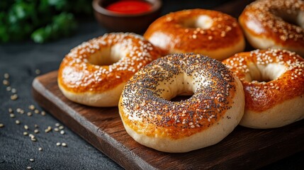 Assorted freshly baked bagels with sesame poppy and everything seasoning on a wooden serving board, close-up of breakfast bread rolls with toppings and seeds