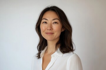 Portrait of a Young Asian Woman with Brunette Hair Against White Background Wearing a White Blouse with Natural Makeup Looking Directly at the Camera in Studio Lighting