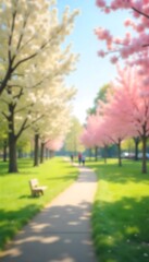 Generative AI Image of a blissful walk through a park during cherry blossom season