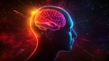 Fototapeta premium Vibrant Human Brain Illustration with Energy and Cosmic Background