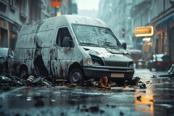 Delivery van accident in rainy urban environment with debris