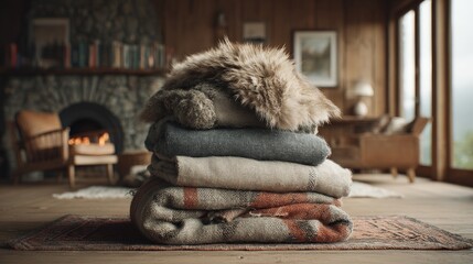 Cozy blankets near crackling fireplace