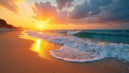 Obraz premium Golden sand beach at sunset, tranquil waves lapping the shore , beach scene, beautiful