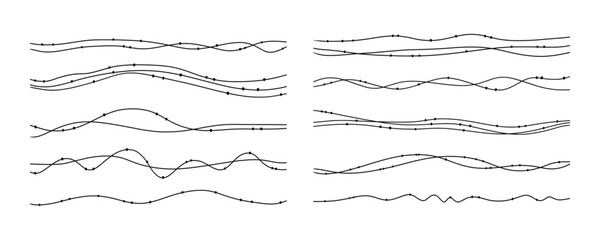 Set of abstract wavy lines with dots. Minimalist graphic elements for design, illustrations, and decorative purposes. Hand drawn border lines, freehand frame elements set