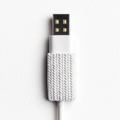 White USB Cable with Fabric Braiding on Light Background
