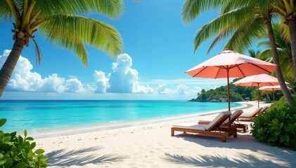 Luxury umbrella resort, tropical paradise Relaxing beach scene with vibrant umbrellas , summer, paradise, idyllic