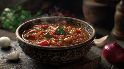 Hearty stew simmering in a rustic bowl