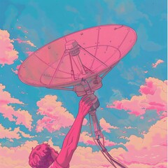 A lone figure holds a small satellite dish, pointing it towards the vibrant, cloud-filled sky, symbolizing communication and connection.