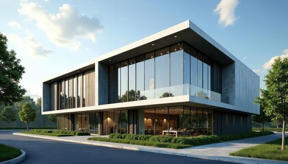 Modern office building exterior showcasing sleek architectural design and sustainable features , shapes, infrastructure