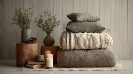 Cozy rustic scene Pillows vases and candles