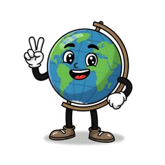 Cheerful Cartoon Globe Character Making A Peace Sign Gesture