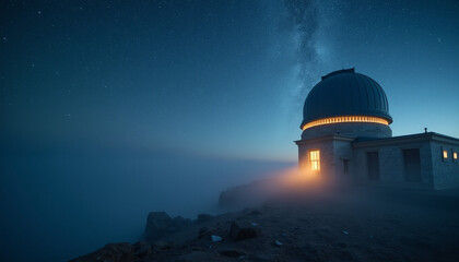 Obraz premium Stargazing with Telescope on Mountain Summit Under Starry Night Sky
