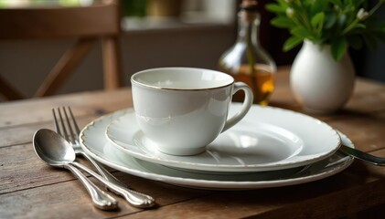 Fototapeta premium Elegant dinnerware and silverware set on a rustic wooden table , food, stylish