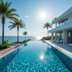 Obraz premium Poolside loungers at a hotel, surrounded by palm trees, hammocks, sun umbrellas. Turquoise water, clear sky, relaxing vibe.