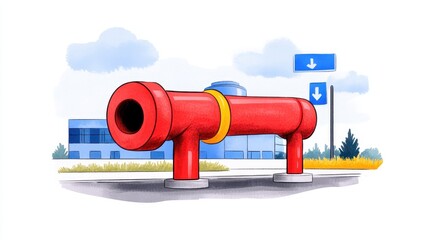 Whimsical Red Cannon Illustration Against a Blue Sky