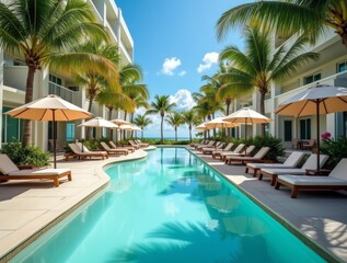 Fototapeta premium Poolside loungers at a hotel, surrounded by palm trees, hammocks, sun umbrellas. Turquoise water, clear sky, relaxing vibe.