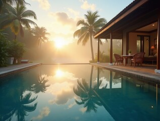 Fototapeta premium Modern private courtyard with pool, zen garden, wooden deck, bowl of fruit on a table, soft sunset light. 