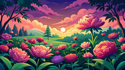 Obraz premium Sunset over a vibrant field of peony flowers with a backdrop of dark green trees in a tranquil outdoor setting Very beautiful
