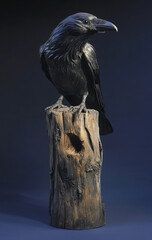 Fototapeta premium A full-length photo of an all-black raven sitting on top of its wooden perch, facing the camera, with a dark blue background