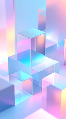 Ultra-clean 3D geometric shapes floating in a gradient space with holographic shape