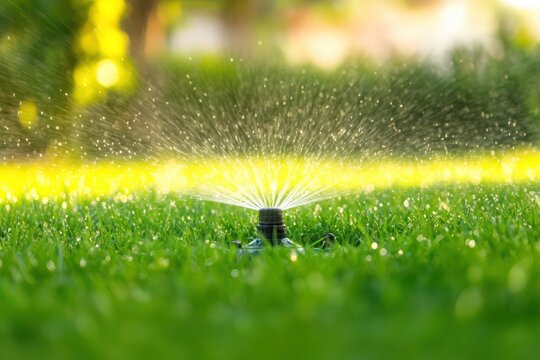 Smart sprinkler system waters green lawn