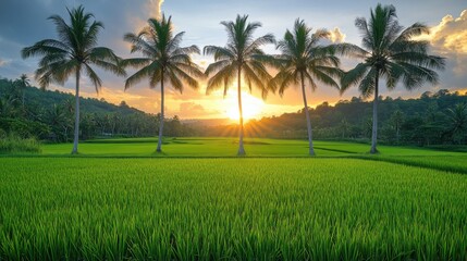 Fototapeta premium Rice Field with Palm Trees at Sunset