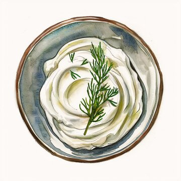 A realistic watercolor painting of a bowl filled with sour cream and dill on a plate against a white background.