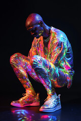 Obraz premium A photorealistic, holographic, iridescent, rainbow-colored skin man with a shaved head, set against a dark background