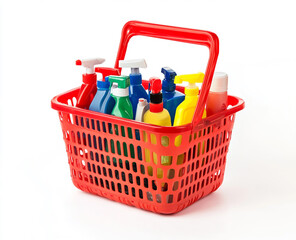 Fototapeta premium A red plastic shopping basket filled with cleaning products, isolated on a white background