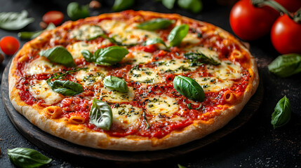 Freshly Baked Margherita Pizza with Basil and Tomato Ingredients
