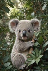 Adorable koala joey nestled amongst eucalyptus leaves, seamless repeat , wrapping paper, vector