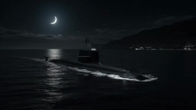 Submarine at Night Surfacing Under Moonlight