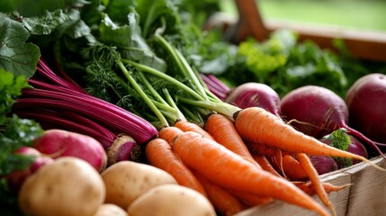 Freshly harvested root vegetables, including organic beets, potatoes, and carrots, displayed on a white background,