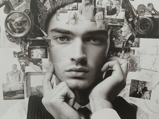 A  portrait collage showcasing a thoughtful male figure.