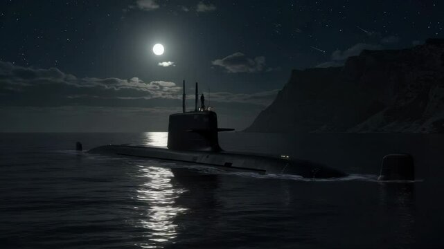 Submarine Cruising at Night Under the Moonlight Near Mountainous Coast