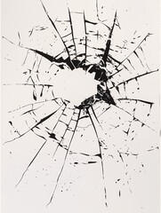 A black stencil of cracked glass radiates outward from a central point, evoking a sense of sudden impact and the transient nature of material things.