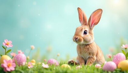 Fototapeta premium Adorable Easter bunny banner with pastel colors and spring flowers, perfect for holiday celebrations , colorful, pastel, cute bunny