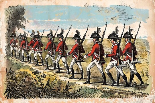 A group of soldiers in traditional red coats and tricorn hats march in line through a field, armed with muskets and bayonets.