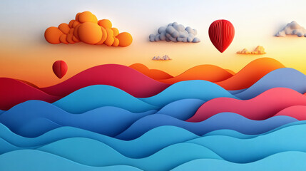 Fototapeta premium Abstract landscape illustration with colorful waves and hot air balloons