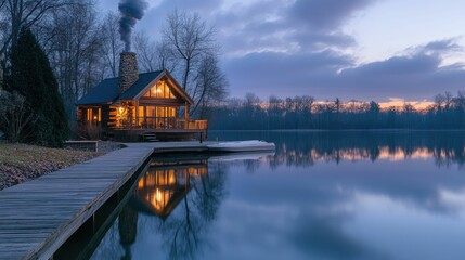Fototapeta premium Lakefront cabin, lit interior, wooden dock, evening sky.