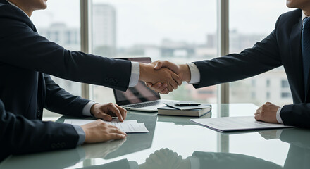 Business Deal: Successful Handshake & Agreement. Contracts, Teamwork, Partnership, and Closing the Deal in the Modern Workplace.